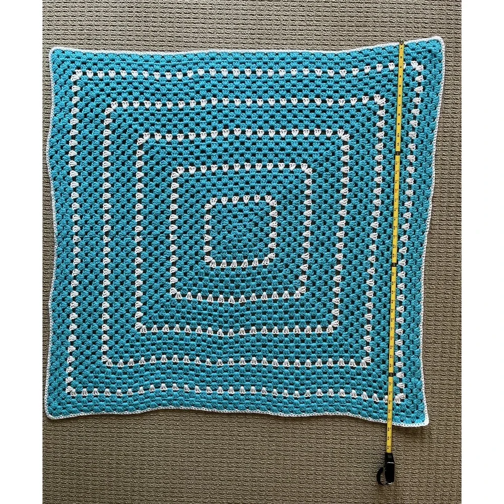 Handmade‎ Crochet Baby Blanket Afghan Teal Blue Green and White 41